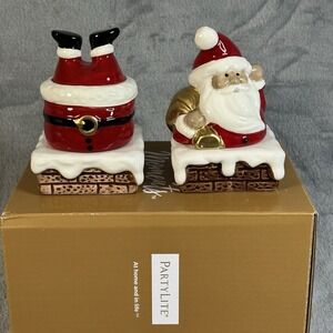 PartyLite "Coming‎ to Town" Santa Tealight Holder Pair P9374Z Christmas Decor In